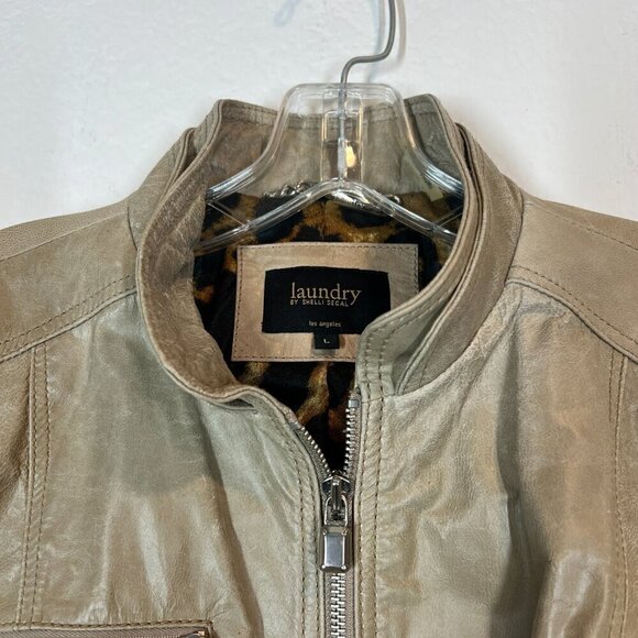 Laundry Leather Moto Jacket Leopard Lining Taupe Medium - Picture 5 of 11